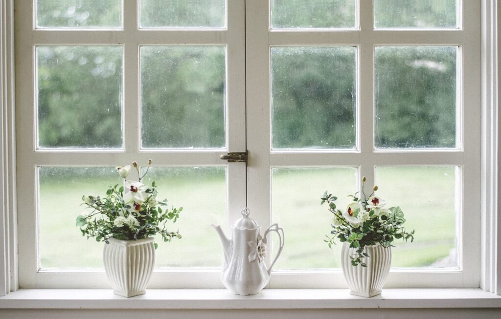 image of a window with two plants and a teapot on the windowsill